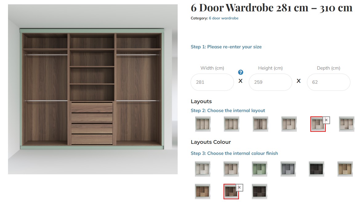 Image showcasing the first few stages of the online process- where you select the wardrobe's interior layout design and interior colour from our range.