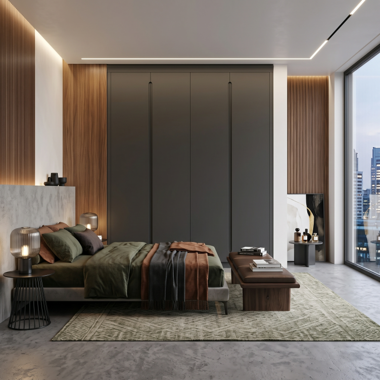 Image of contemporary room design with neutral, earthy colours featuring sleek, graphite colour hinged wardrobe.