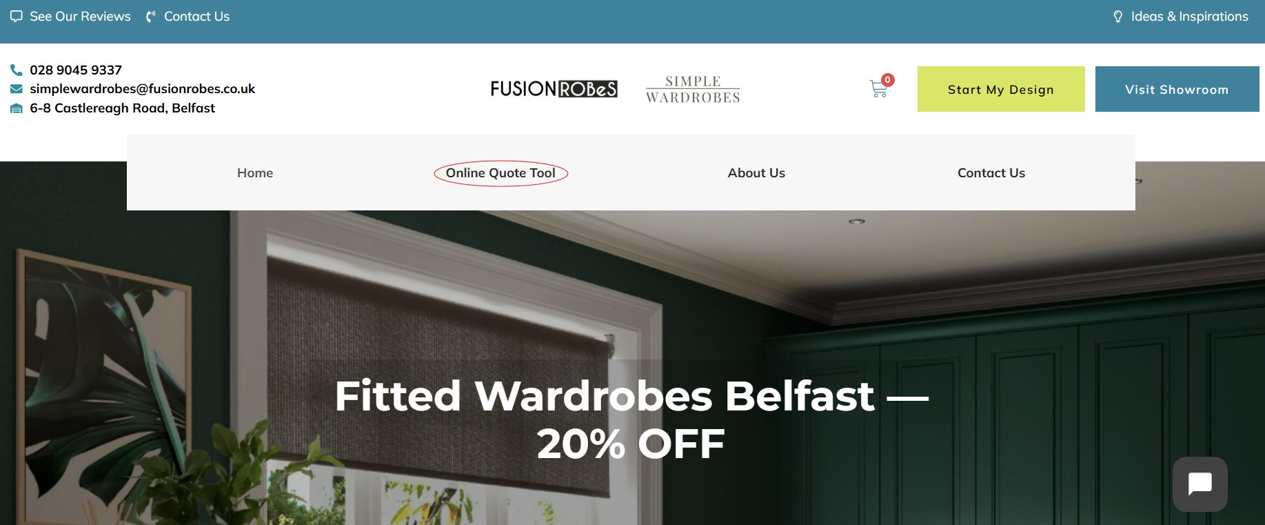 Screenshot of the top of the homepage, with a circle around the Online Quote Tool button.