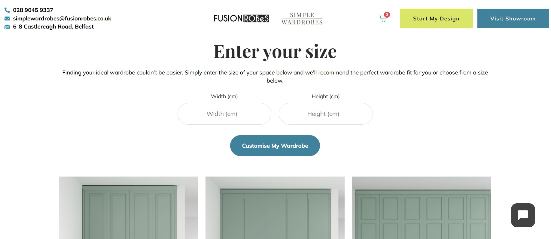 Screenshot of the website where you are asked to insert your room's measurements for the wardrobe.