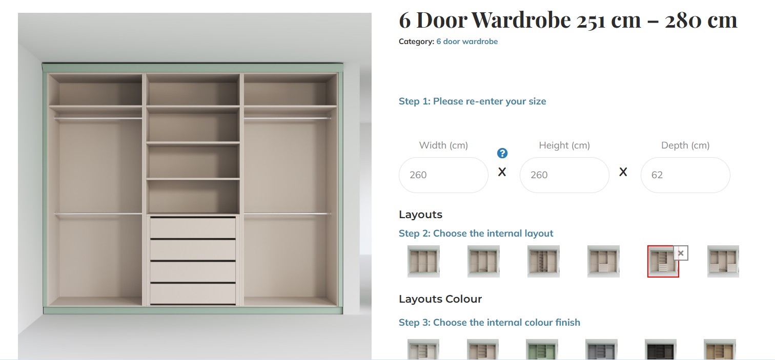 Screenshot of the website with the amount selection of internal layout options. It has allocated 6 doors to the wardrobe based on the measurements (260x260).