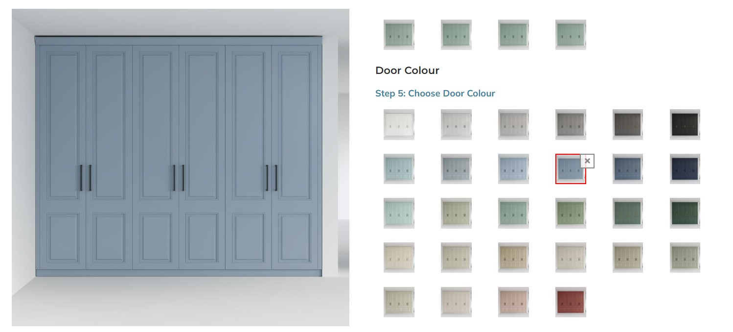 Screenshot of all door colour choices, there are many of them varying from light and dark greys, to red, pink, blue and green tones and many more.