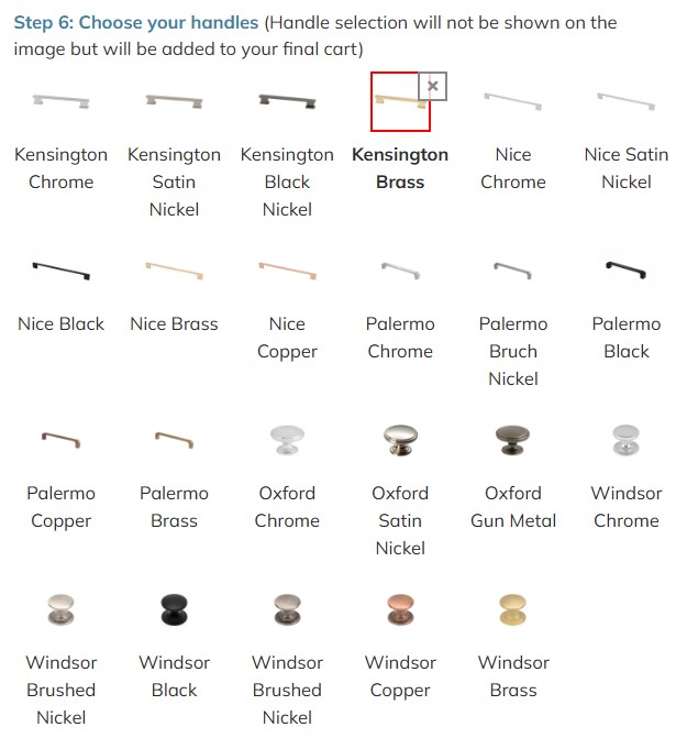 Screenshot of the wide variety of handles available for the wardrobe.