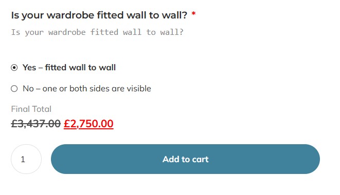 Screenshot of the next stage of the process, where you select whether the wardrobe will be fitted to the wall or not, and are provided a final quote of £2,750 for this particular combination.