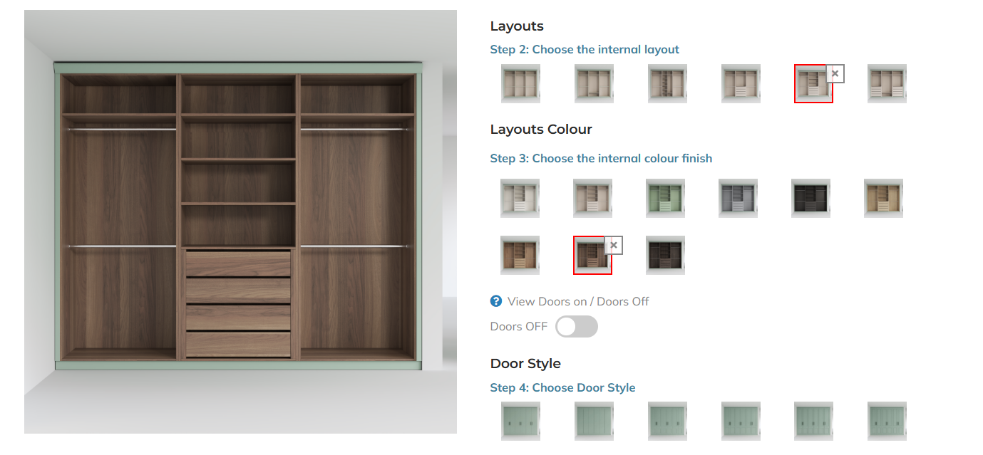 Screenshot of selection to choose from of internal colour options, with a variety that include several colours and several woodgrain options.